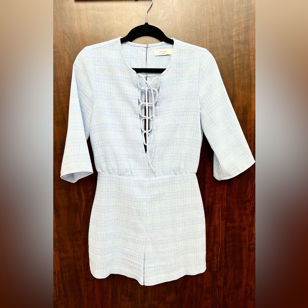 Ali & Jay Lace-Up Baby Blue Plaid Romper Shorts with key hole open back